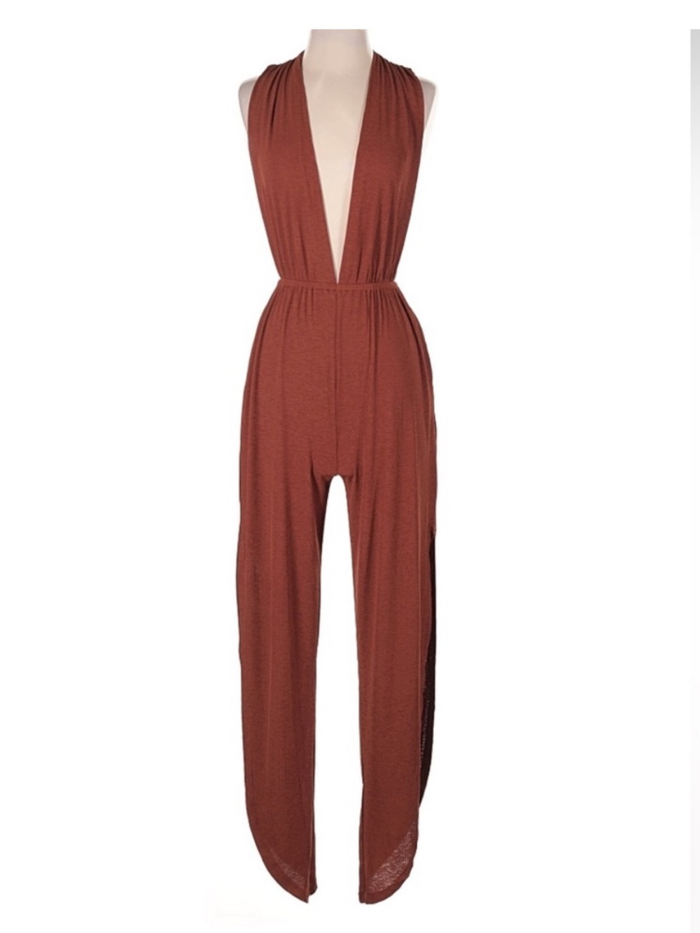 Dance & Marvel Rust Red Plunge Jumpsuit